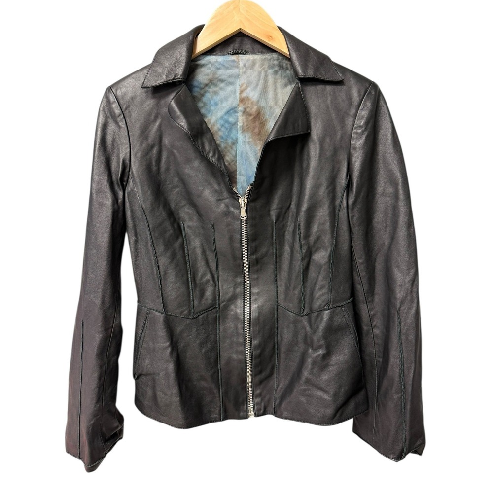 VINTAGE Vera Pelle Vegan Leather‎ Zip Up Jacket Womens Black Made in Italy Y2K
